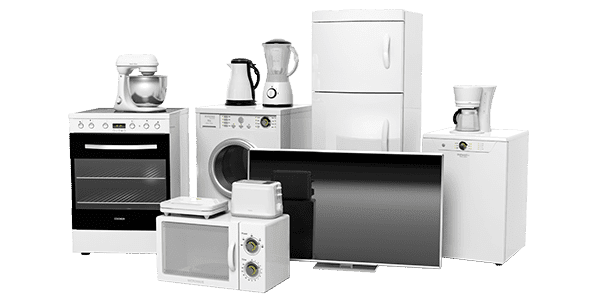 A collection of white household appliances including an oven, washing machine, refrigerator, and microwave grouped together.