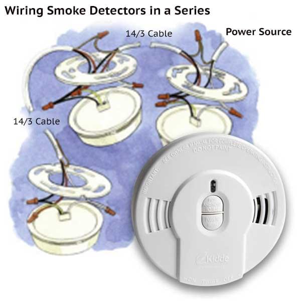 Diagram for wiring smoke detectors in a series with 14/3 cables and a Kidde unit.